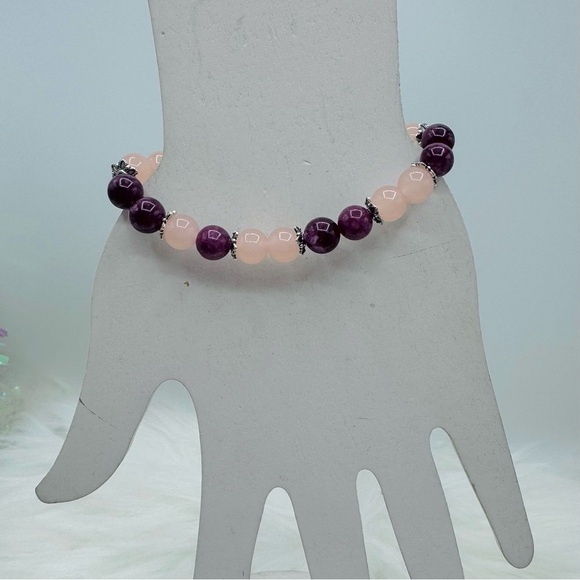Garnet & Rose Quartz 8mm Beaded Bracelet - Picture 4 of 6